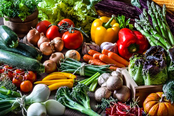 Vegetables of all colours on a pan